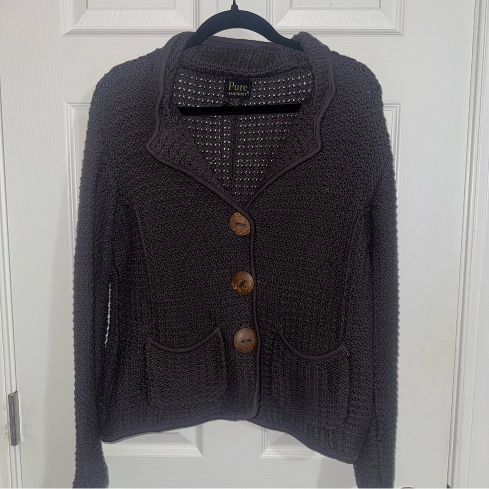 Pure Handknit Gray 100%‎ Cotton Cardigan Sweater Coconut Buttons Womens SM